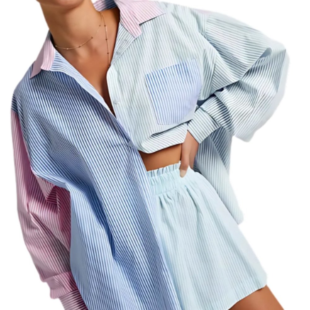 NWT. Contrast Stripe Oversized Shirt in Pink and Blue. Multiple Available.